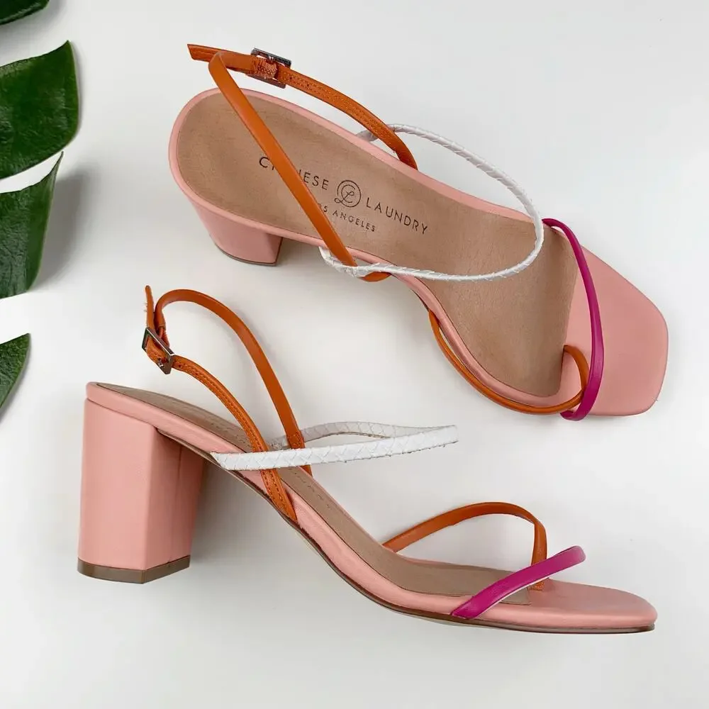 Chinese Laundry Sandals Strappy Block Heel Pink Faux Leather Women's 7.5